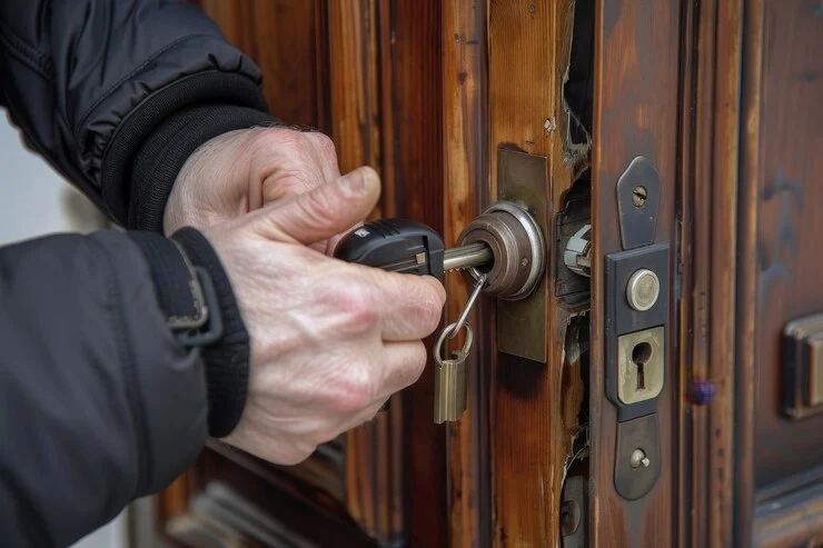 En låsesmed som reparerer en dørlås, med vekt på låsesmedens evner