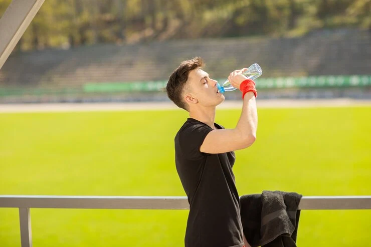 Treningsmann som drikker vann etter intens trening